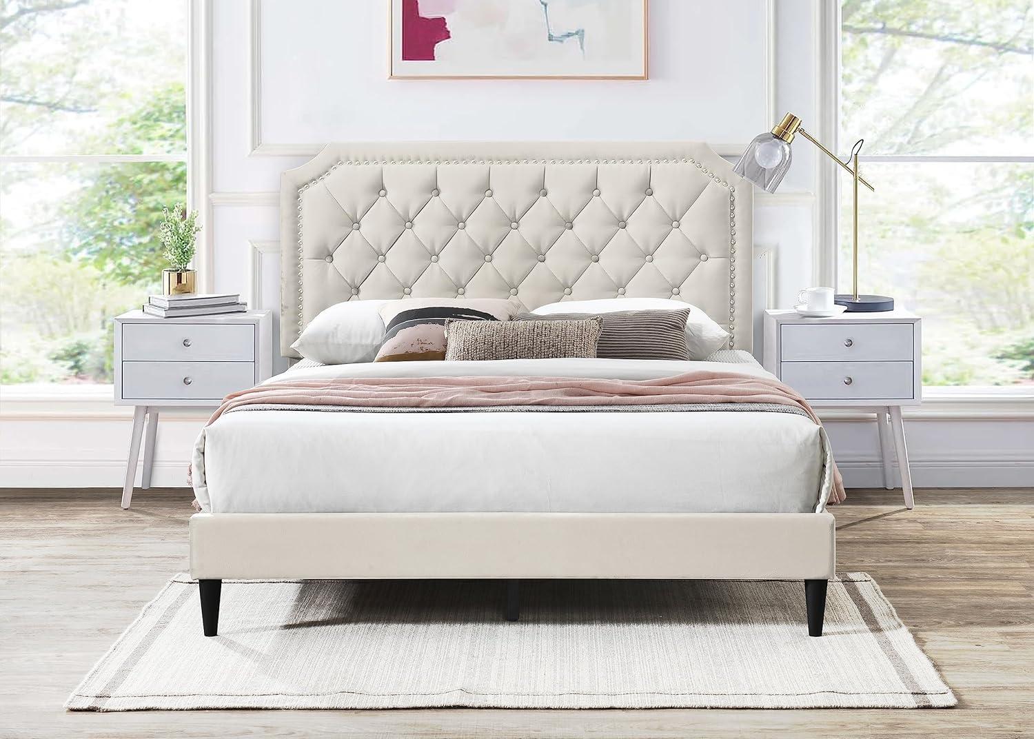 Urban Home Furniture Ava Plush Velvet Tufted Buttoned Upholstered Headboard Clipped Edge Nailhead Decorated Platform Bed Frame with Wood Slats Support Legs Full - Beige