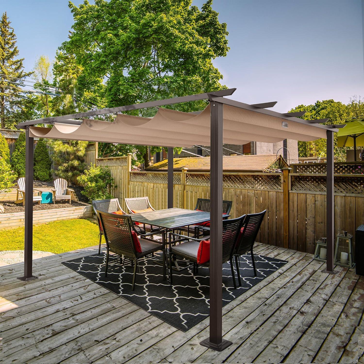 12 ft. x 12 ft. Aluminum Pergola with Brown Retractable Canopy