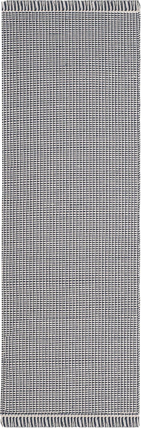 Ivory and Navy Geometric Cotton Runner Rug, 2'3" x 12'