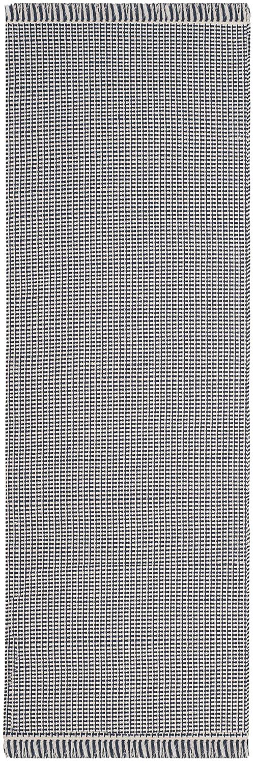 Ivory and Navy Geometric Cotton Runner Rug, 2'3" x 12'