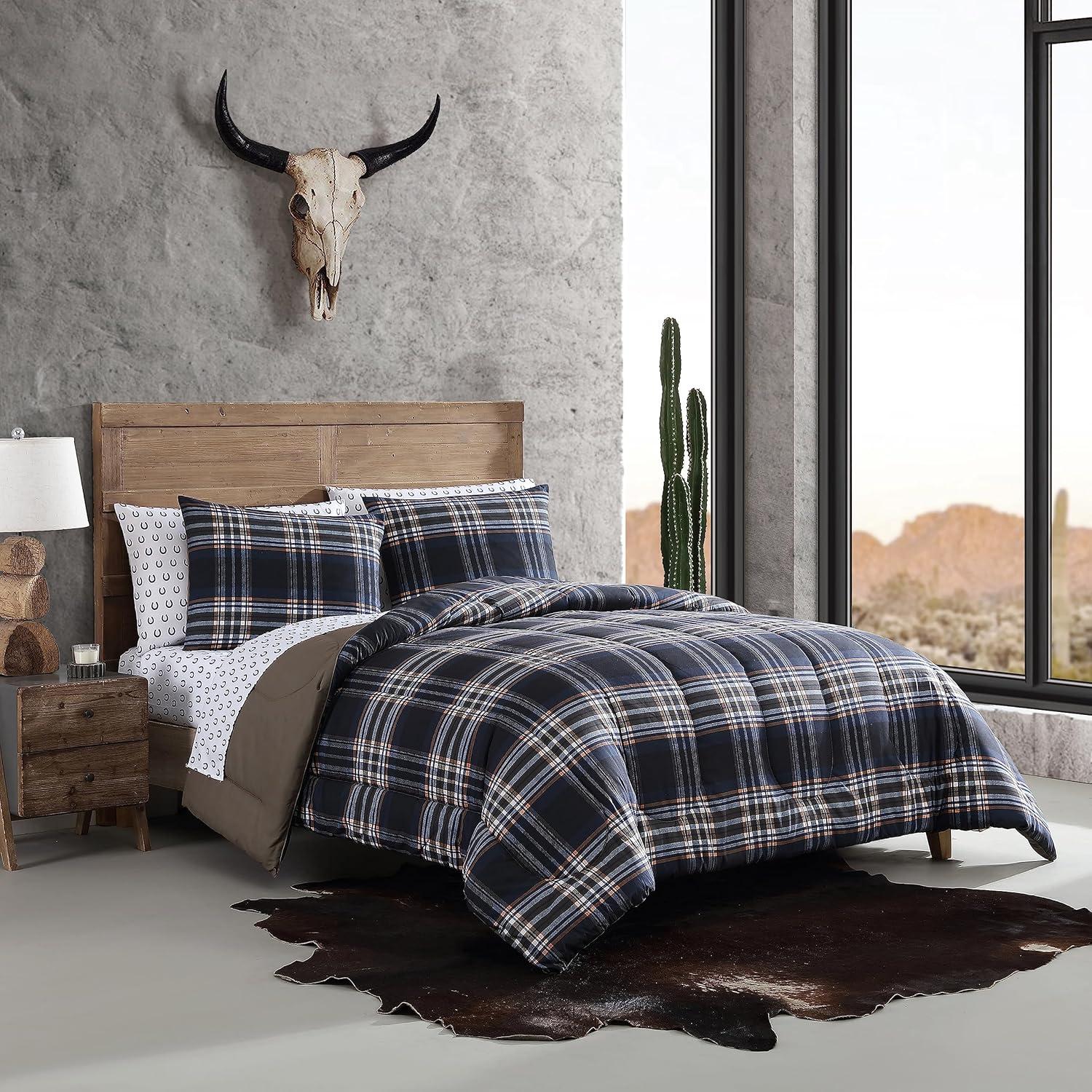 Navy Plaid Microfiber Queen Duvet Cover Set with Shams