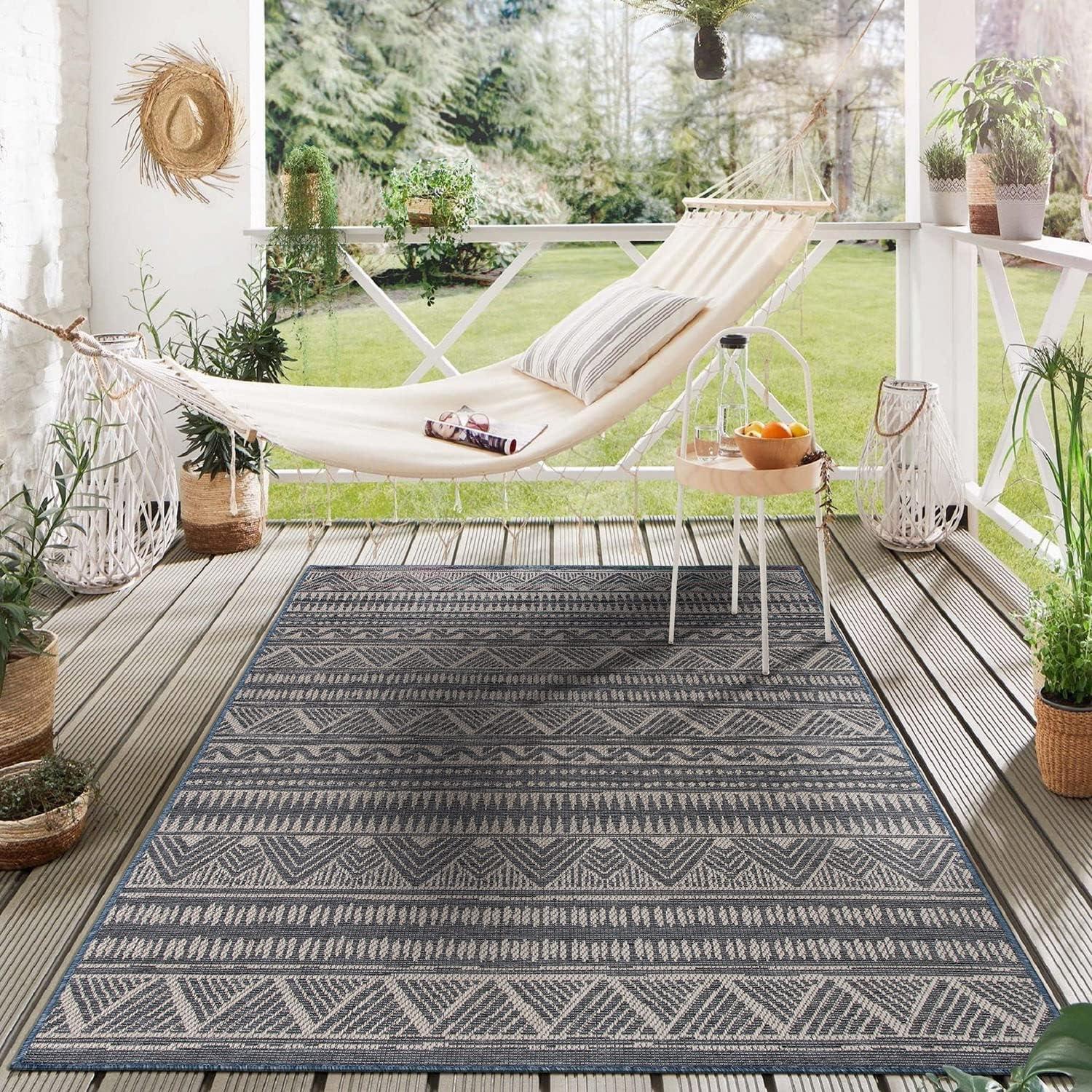 Bohemian Bliss Blue Geometric 5' x 7' Easy-Care Outdoor Rug