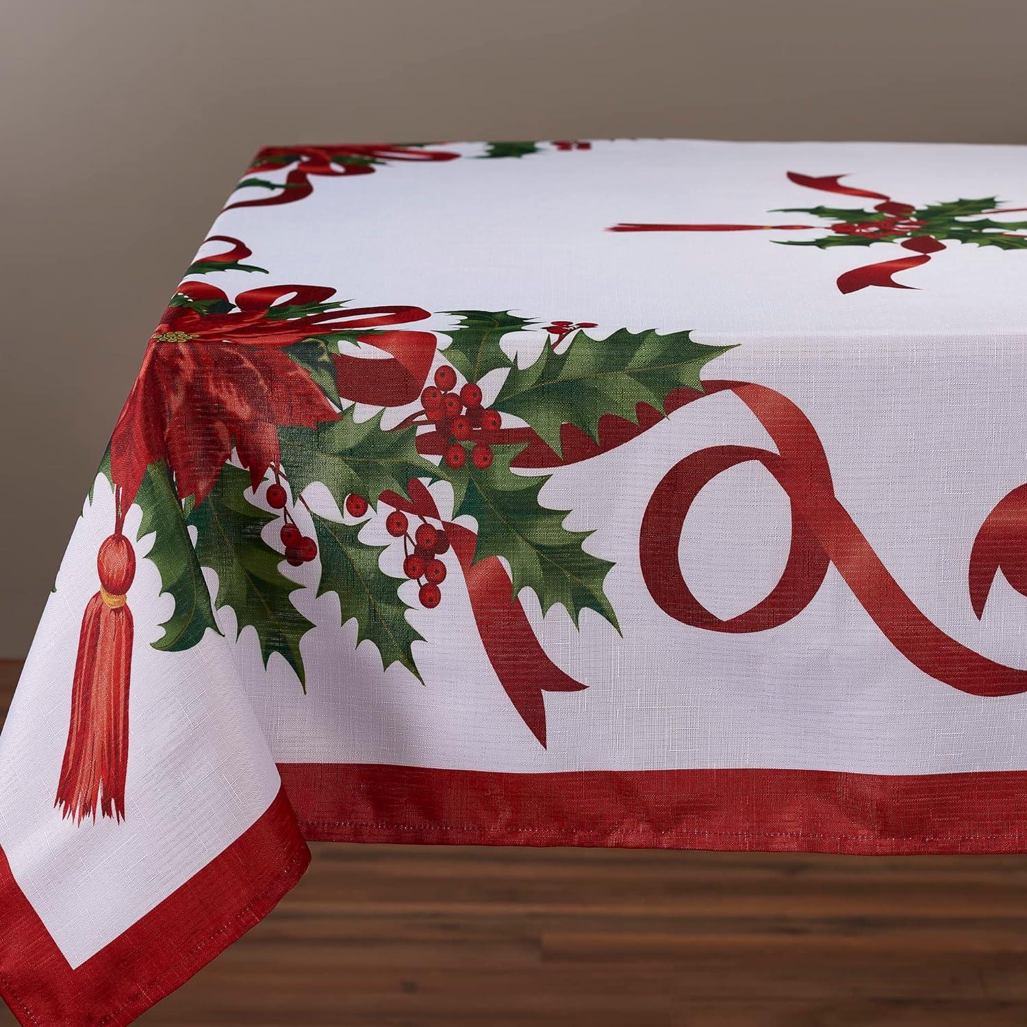 Elegant Christmas Ribbon Tablecloth with Red and Green Design, 60 x 126 Inch