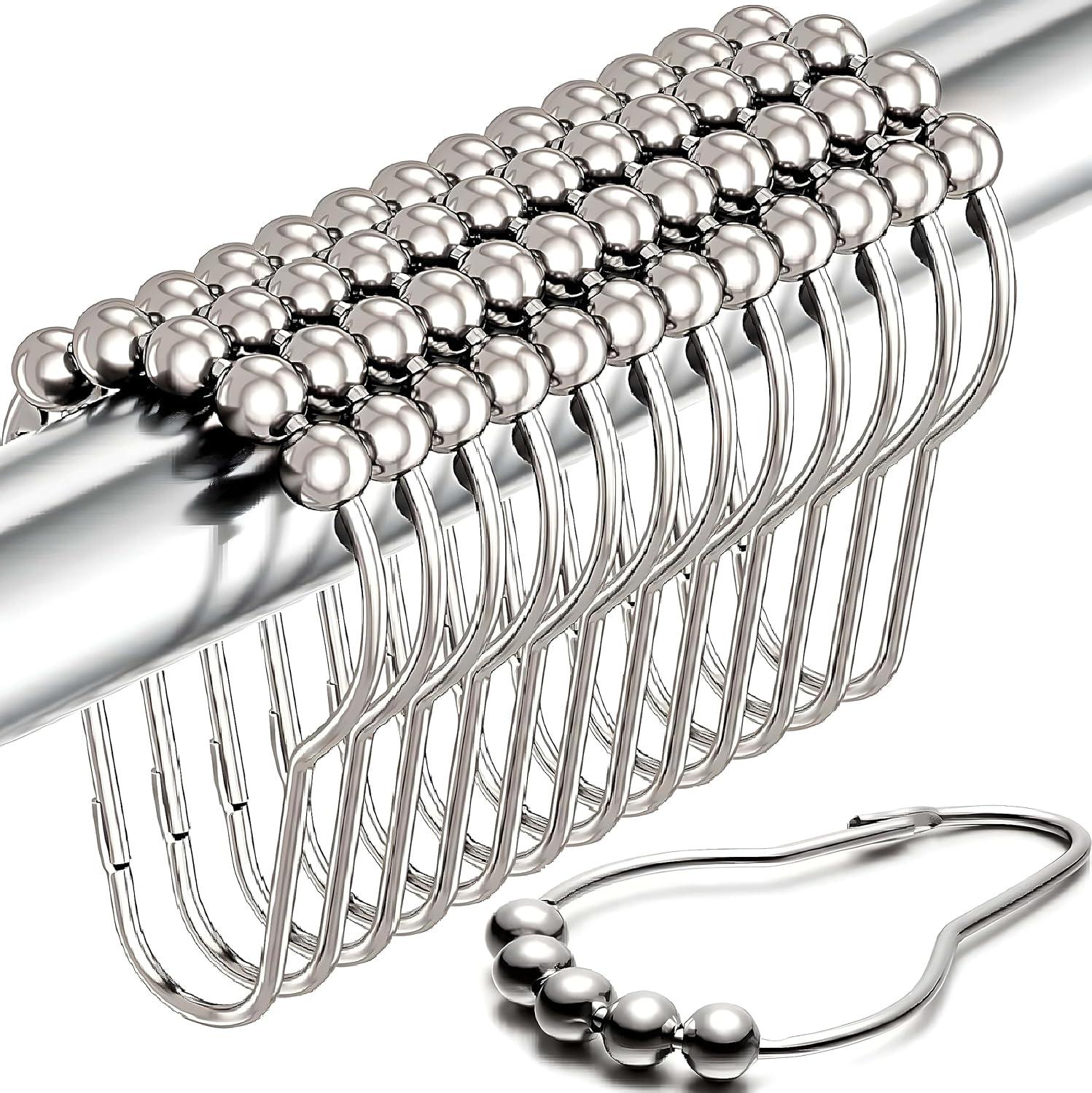 Chrome Stainless Steel Shower Curtain Hooks with Roller Balls, Set of 12