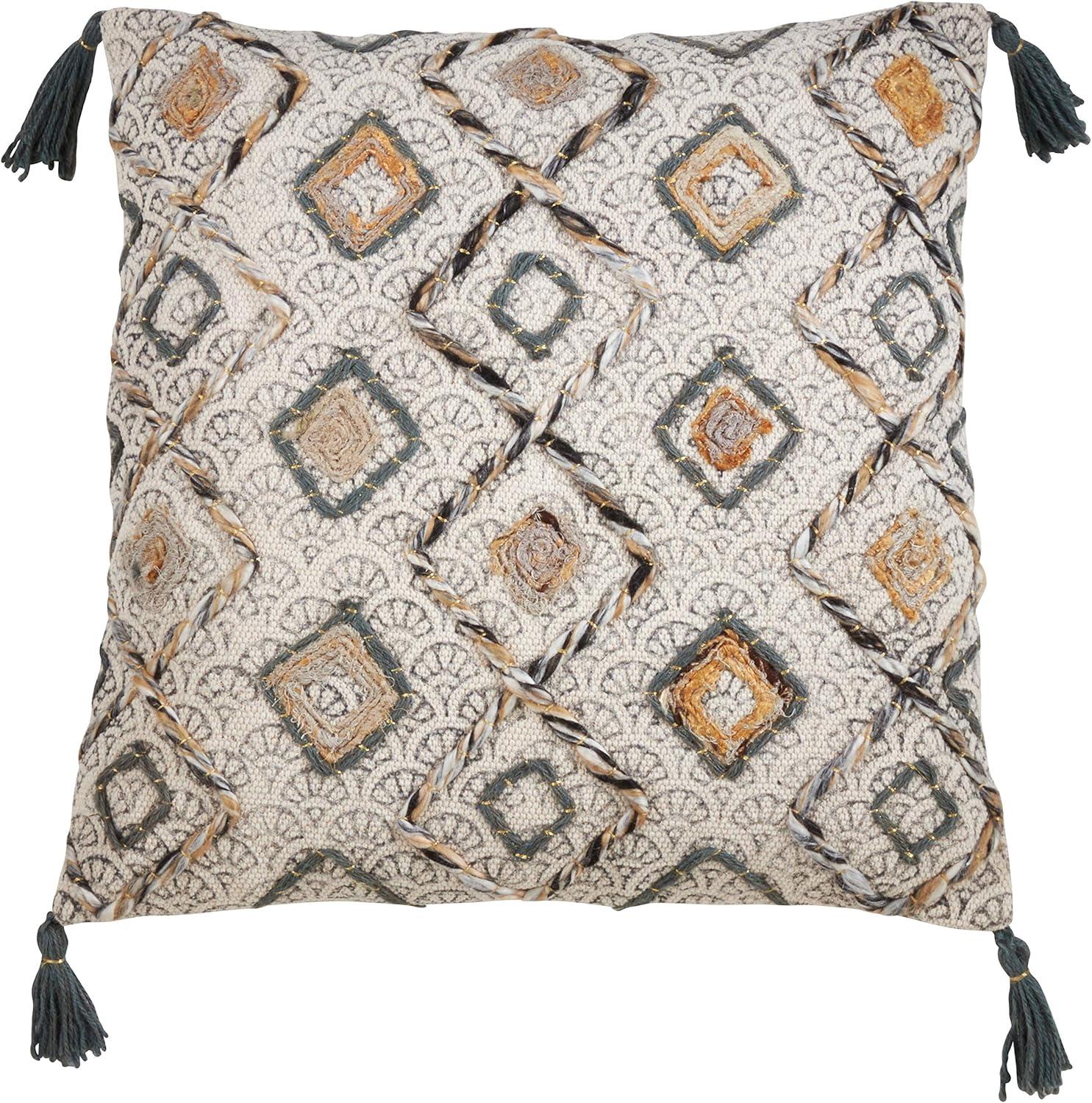 Clay Embroidered Geometric Diamond Pillow with Tassels, 22" Square