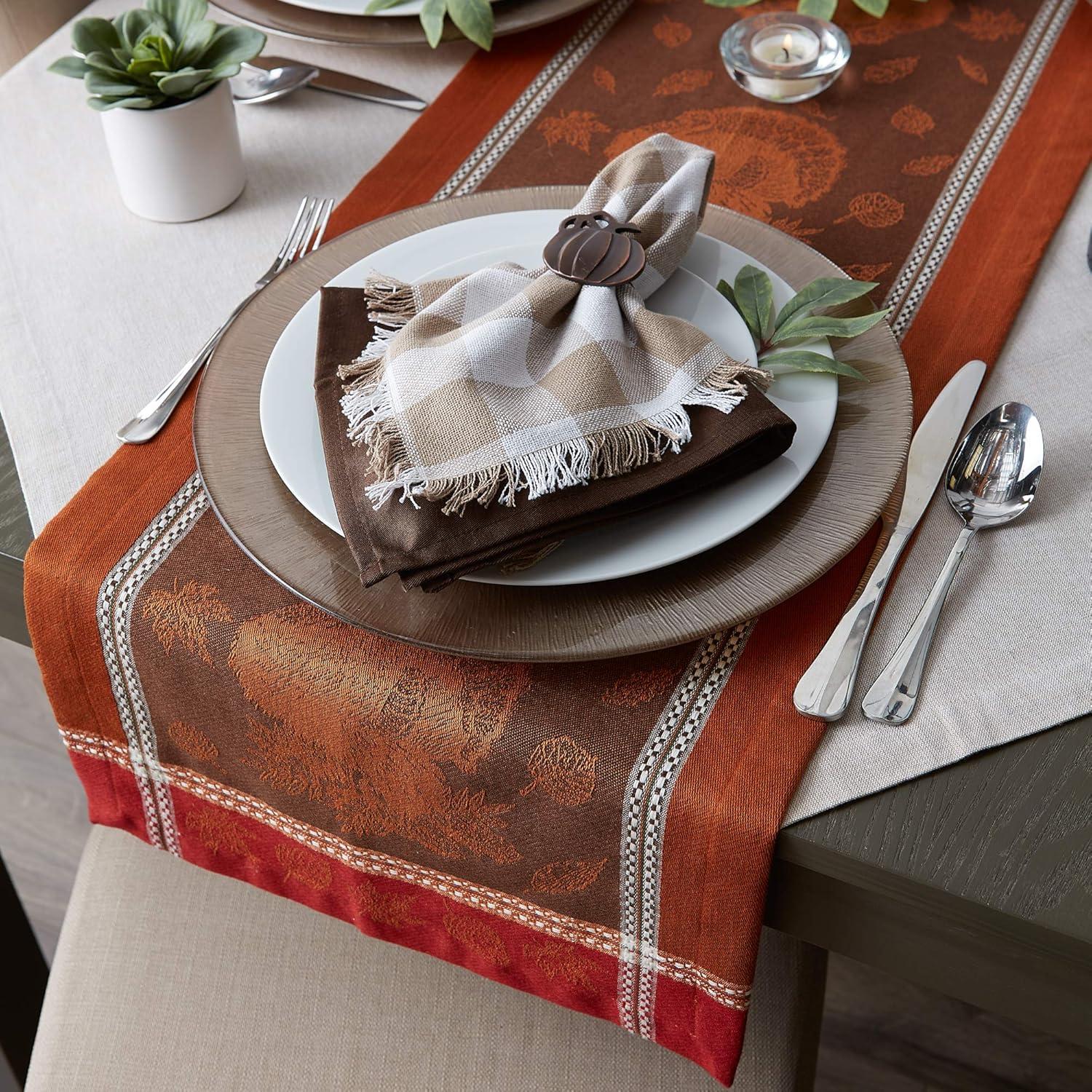 Contemporary Home Living 14" x 72" Orange and Brown Fall Harvest Feast Jacquard Rectangular Table