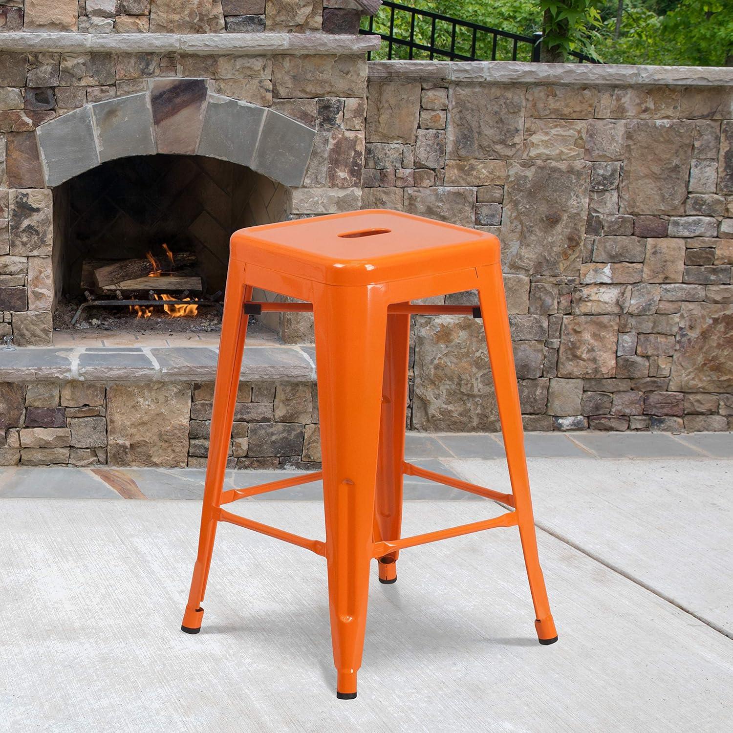 Flash Furniture Commercial Grade 24" High Backless Orange Metal Indoor-Outdoor Counter Height Stool with Square Seat