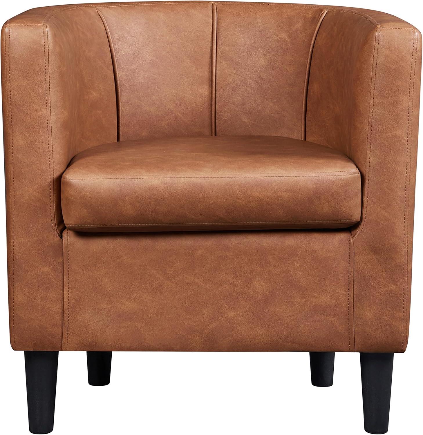 Topeakmart Faux Leather Upholstered Barrel Accent Arm Chair for Living Room, Brown