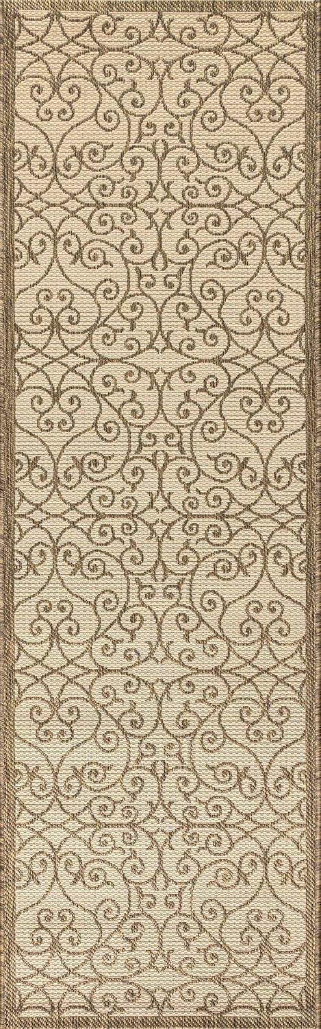 2'x8' Madrid Vintage Filigree Textured Weave Indoor/Outdoor Runner Rug, Beige/Brown - JONATHAN Y