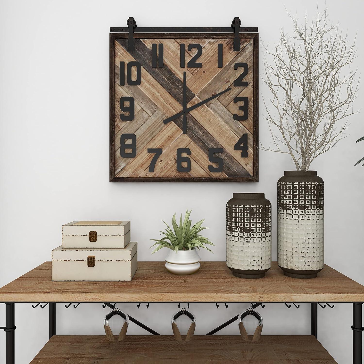 DecMode Industrial Wood Sculpted Wall Clock with Weave Pattern and Brown Finish, 24"W x 27"H