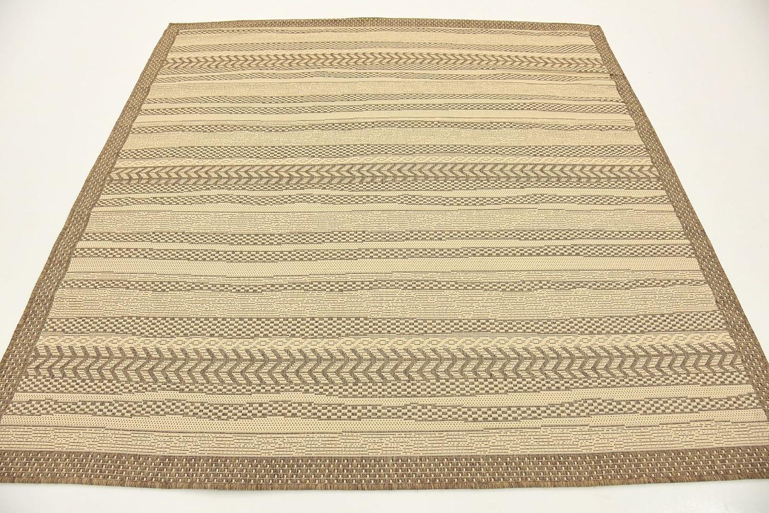 Unique Loom Outdoor Border Collection Area Rug - Lines (6' 1" Square Beige/Brown)