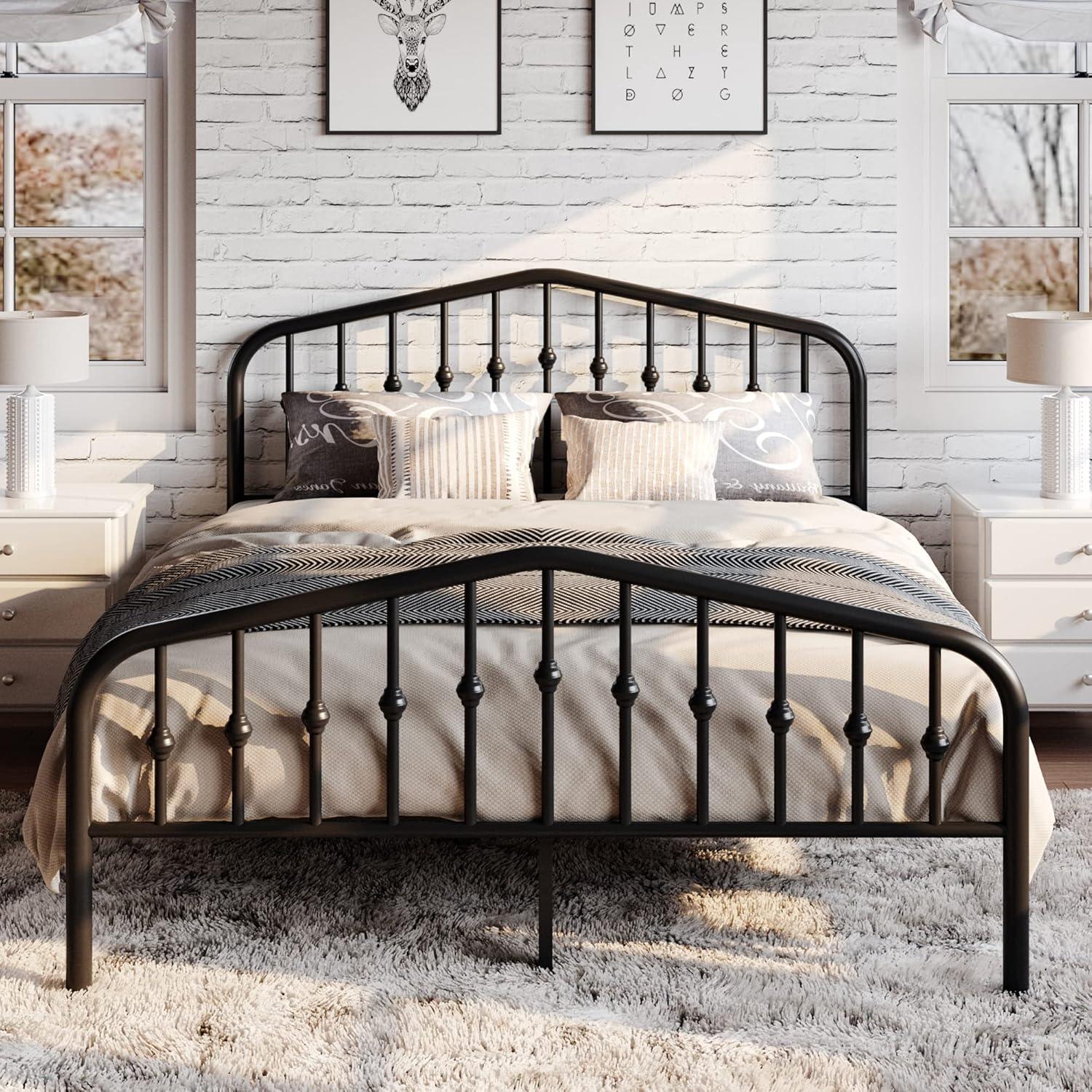 Queen Black Metal Platform Bed Frame with Victorian Headboard