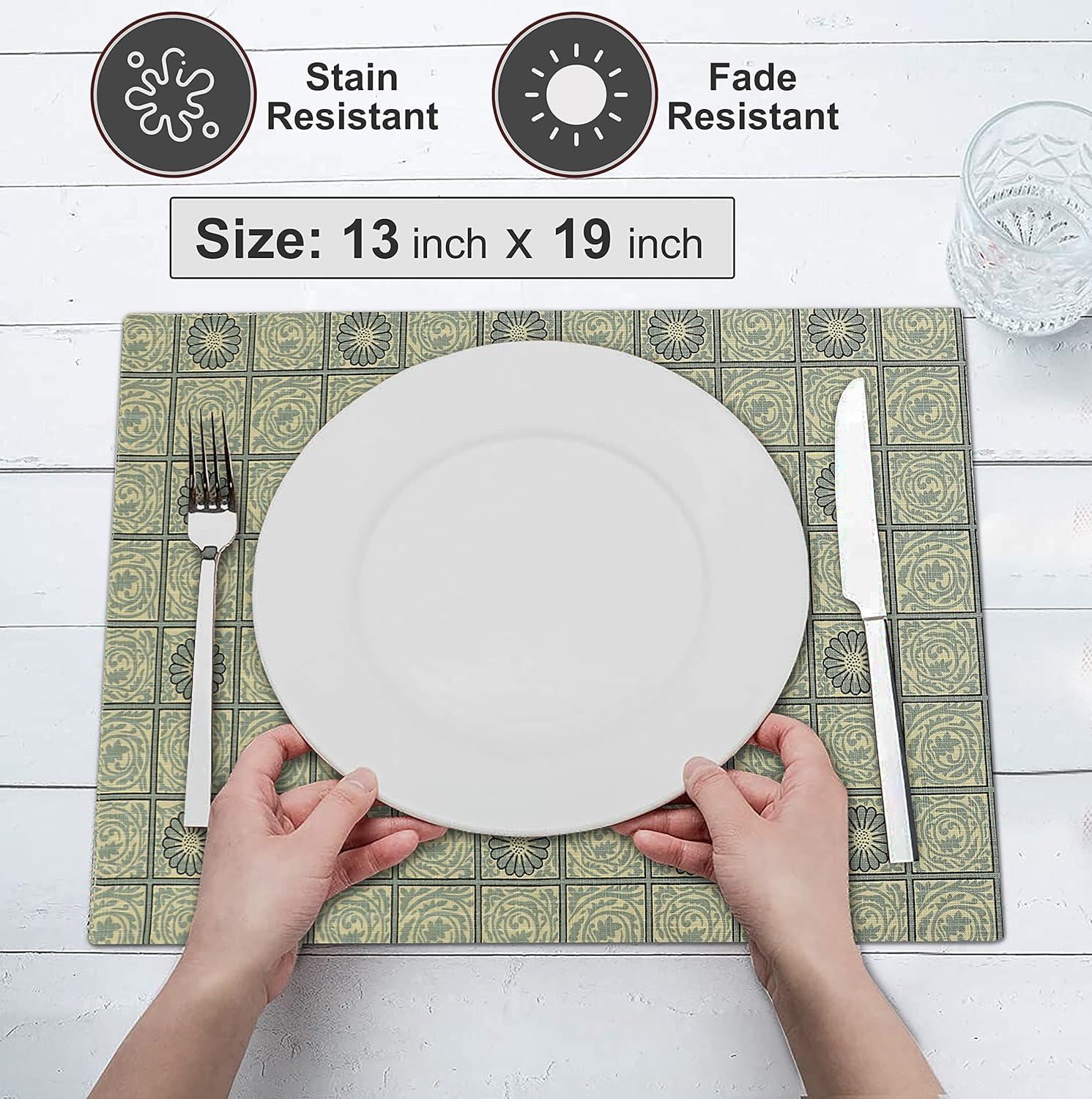 Ruvanti Placemats 100% Cotton 13x19 inch, Dining Table Placemats Set of 6, Modern Place Mats for Dining Table Décor, Kitchen & Table Linens, Coffee Mat for Christmas Dinners – Floral Tiles