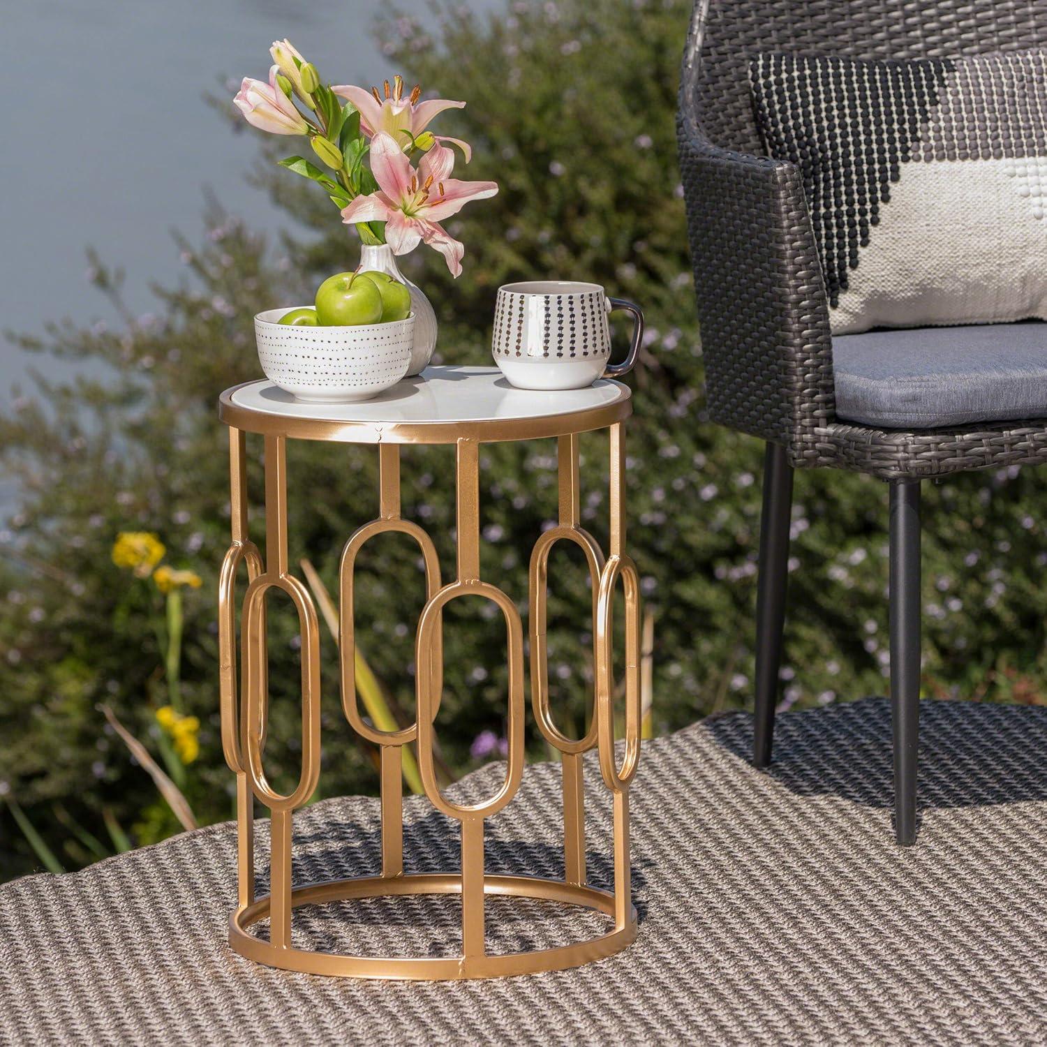 Madison Indoor Glam 16 Inch Side Table, White Finish Faux Stone
