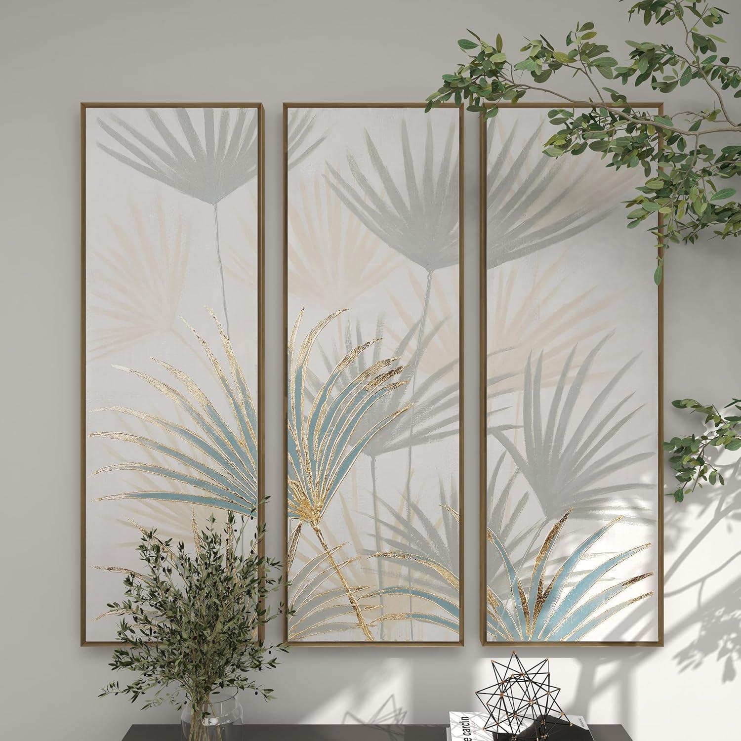 16" x 47" Handmade Palm Leaf Framed Wall Art with Gold Frame, by DecMode (3 Count)