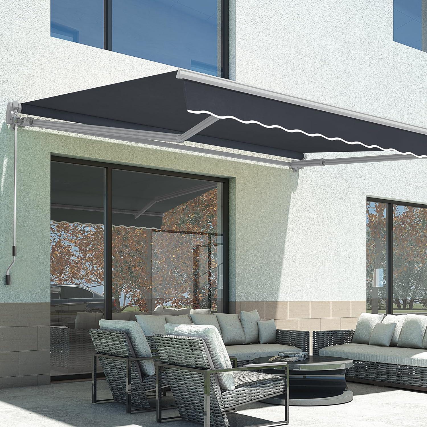 Dark Grey 12x8 Feet Manual Retractable Patio Awning with Aluminum Frame