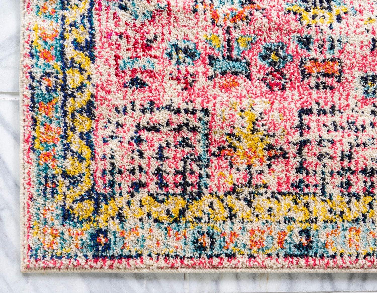 Pink and Blue Rectangular Synthetic Bohemian Area Rug