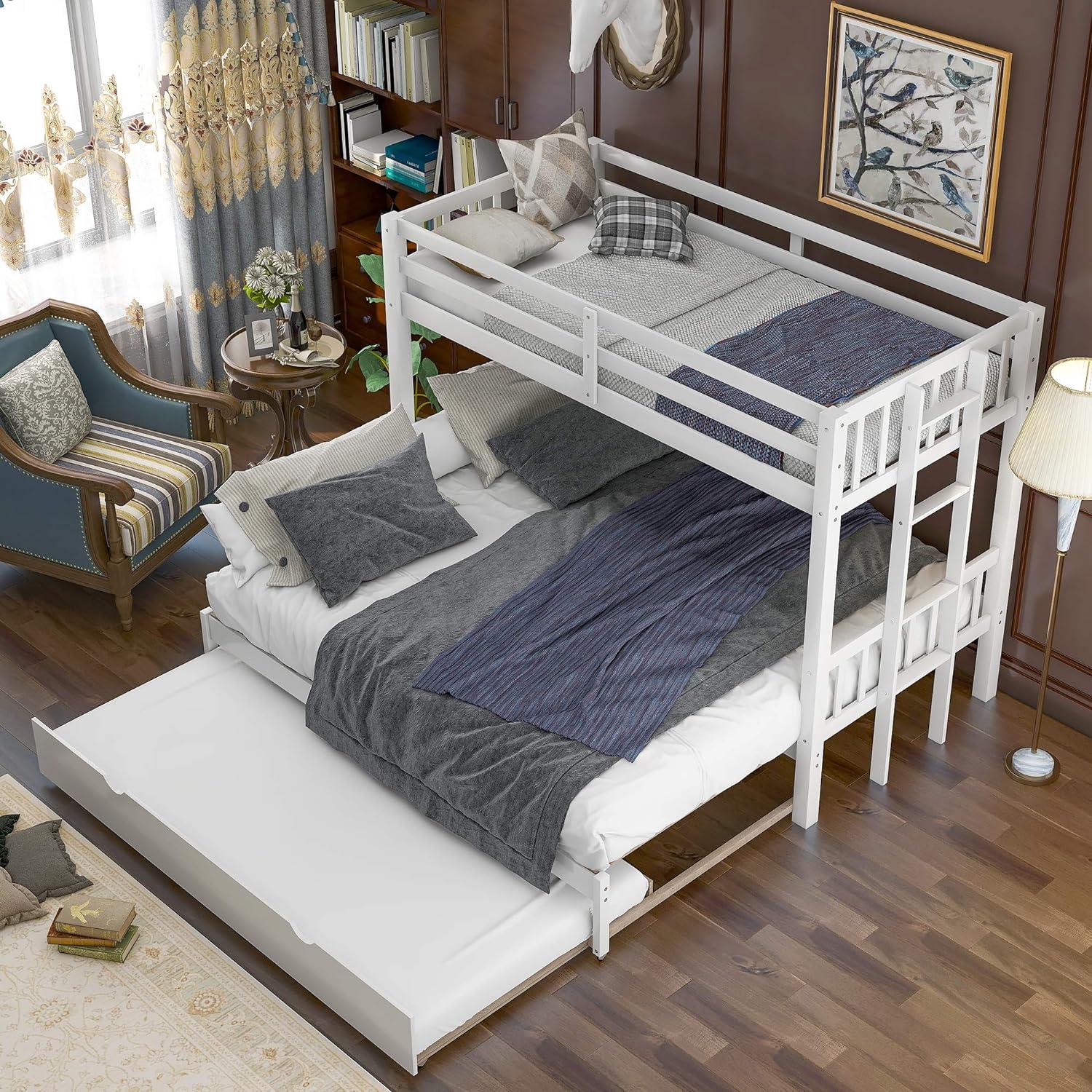 DreamBuck, Twin over Pull-out Bunk Bed with Trundle, Solid Wood Twin Over Twin/King Bunk Bed, Extendable Bunk Beds with Ladder and Safety Rail, Thicken Wooden Bunkbed, Accommodate 4 People, White