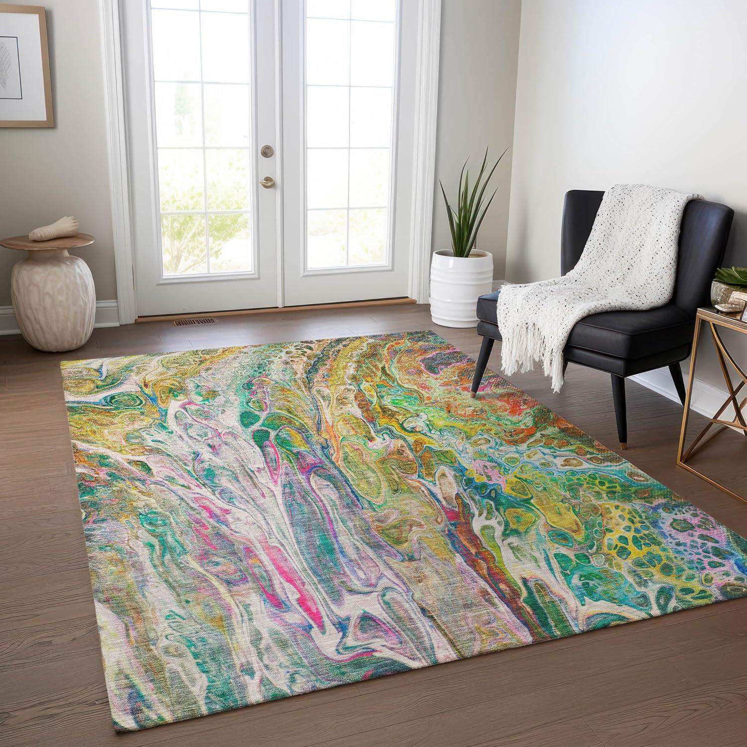 Green Abstract Synthetic 8' x 10' Washable Area Rug