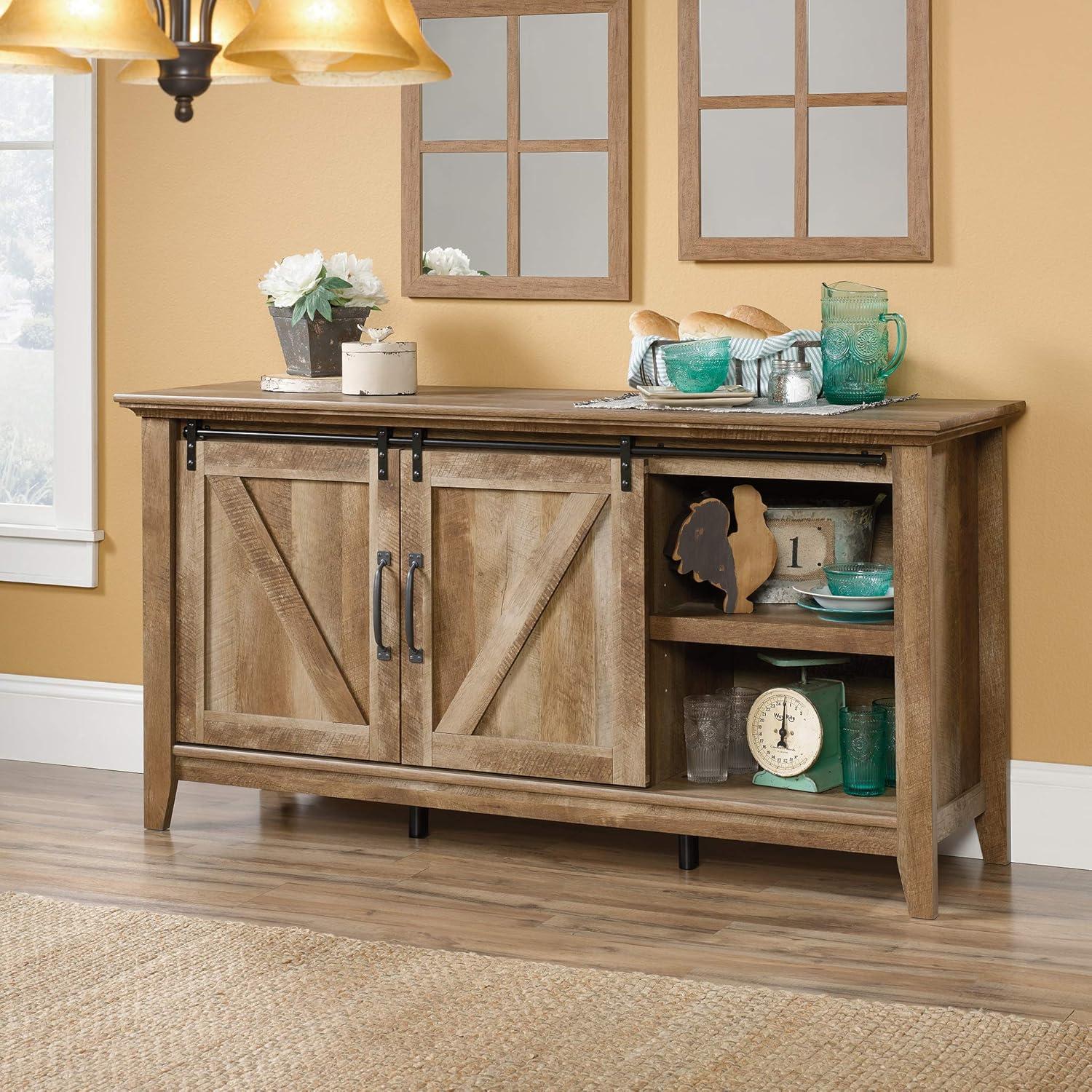 Dakota Pass TV Stand for TVs up to 70" Dark Brown - Sauder: Craftsman Oak Finish, Sliding Doors, Adjustable Storage