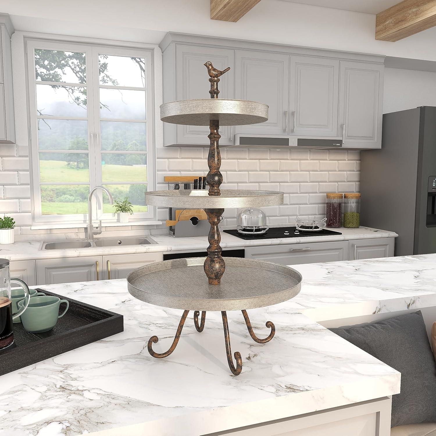 DecMode 16" x 28" Silver Metal Bird 3 Tiered Server with Scrolled Base, 1-Piece