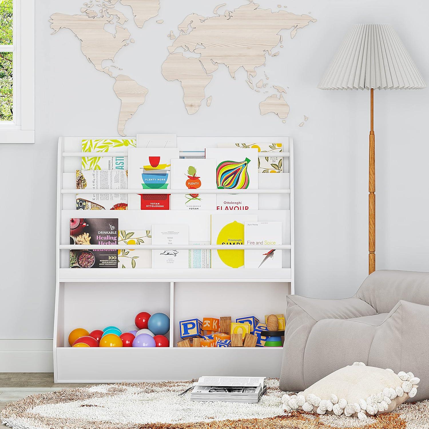 UTEX Kids Bookshelf Toy Organizer with Rolling Toy Box, White, 23.62” W x 11.8” D x 35.43” H