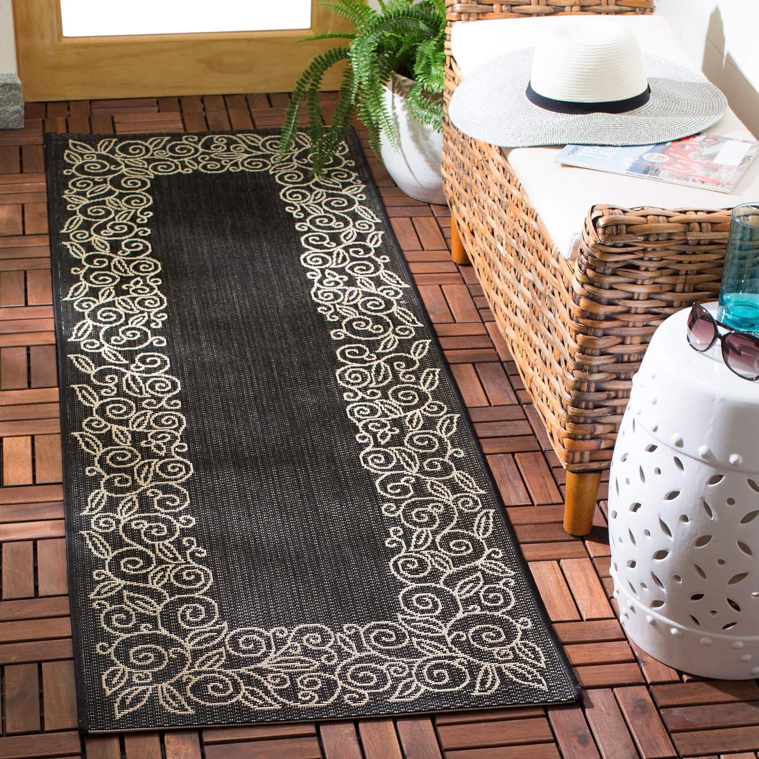 Black and Beige Floral Border Indoor/Outdoor Runner Rug