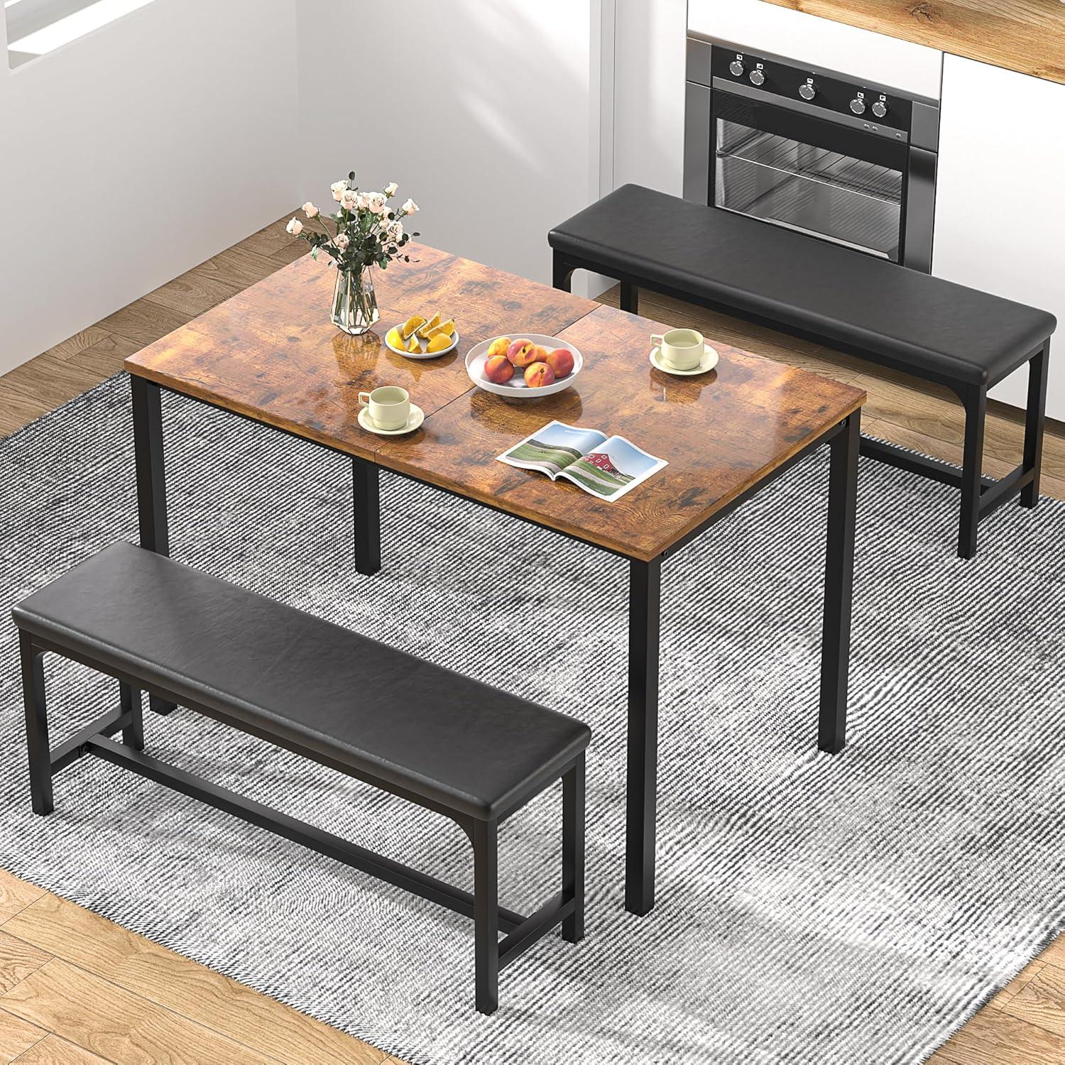 VECELO 63" Extendable Dining Table Set for 4-6, Modern 3-Piece Kitchen Table Set with 2 Upholstered Benches, Kitchen Table Set with Metal Frame & Wooden Board, Brown