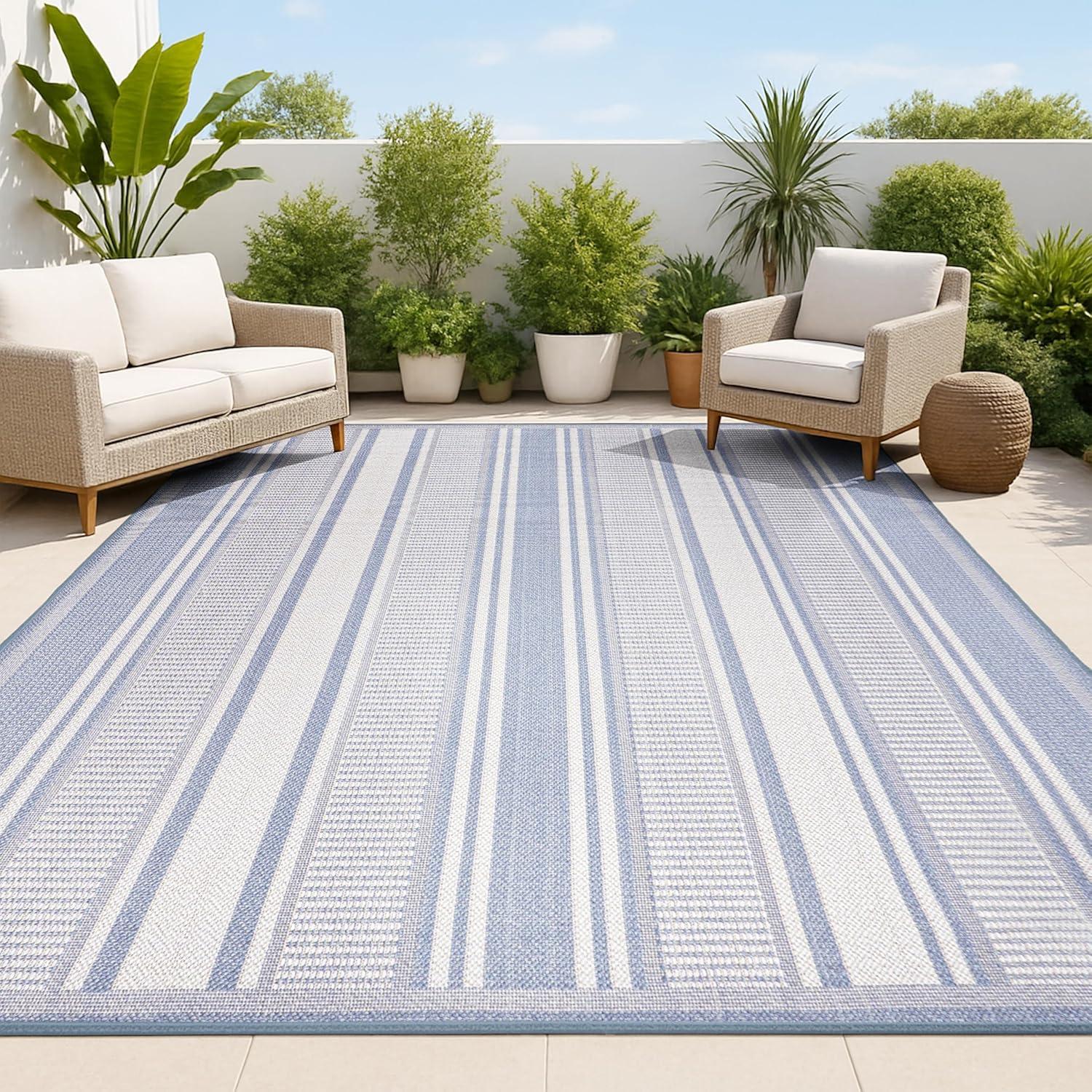 5' x 8' Haynes Modern Double Stripe Indoor/Outdoor Area Rug, Blue/Light Gray - JONATHAN Y