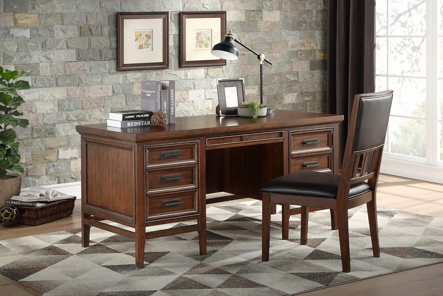 Transitional Brown Cherry Executive Desk with Filing Cabinet and Drawers