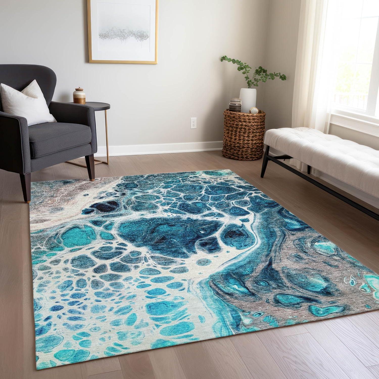 Teal and Gray Synthetic Flat Woven Reversible Area Rug