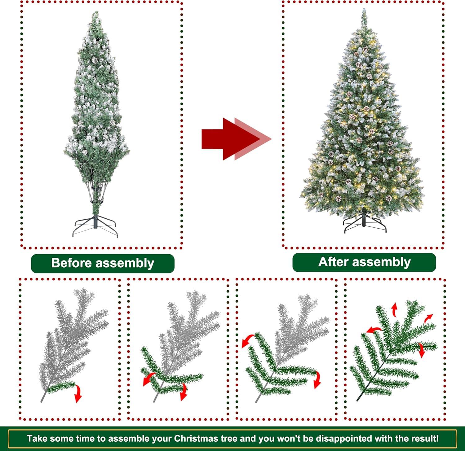 Ayieyill 6FT Pre-Lit Artificial Christmas Tree with 600 Snow Sprayed Tips 150 LED Lights 30 Snowflakes Ornaments