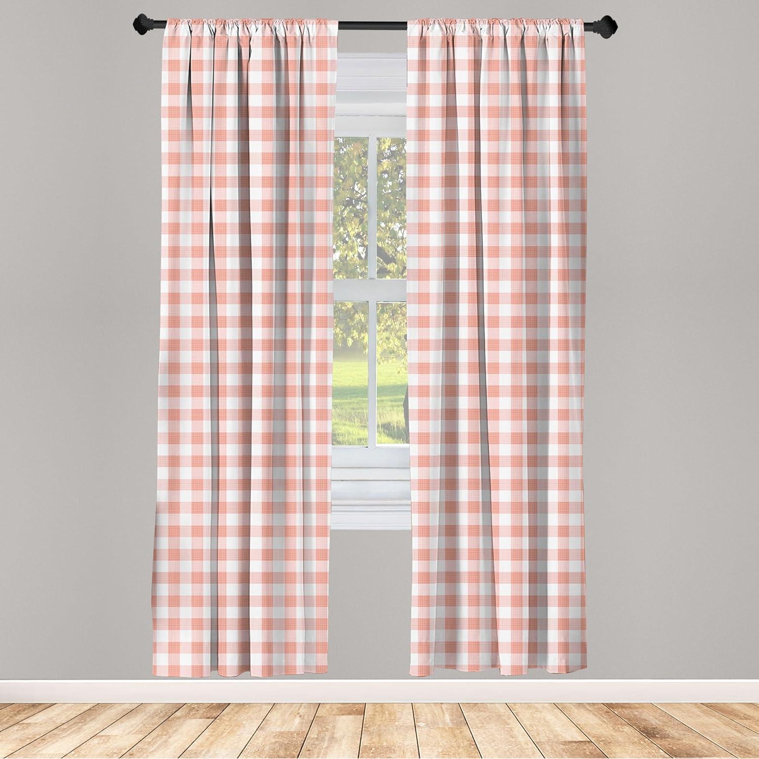 Ambesonne Checkered Curtains, Countryside Picnic, Pair of 28"x63", Pale Peach and White