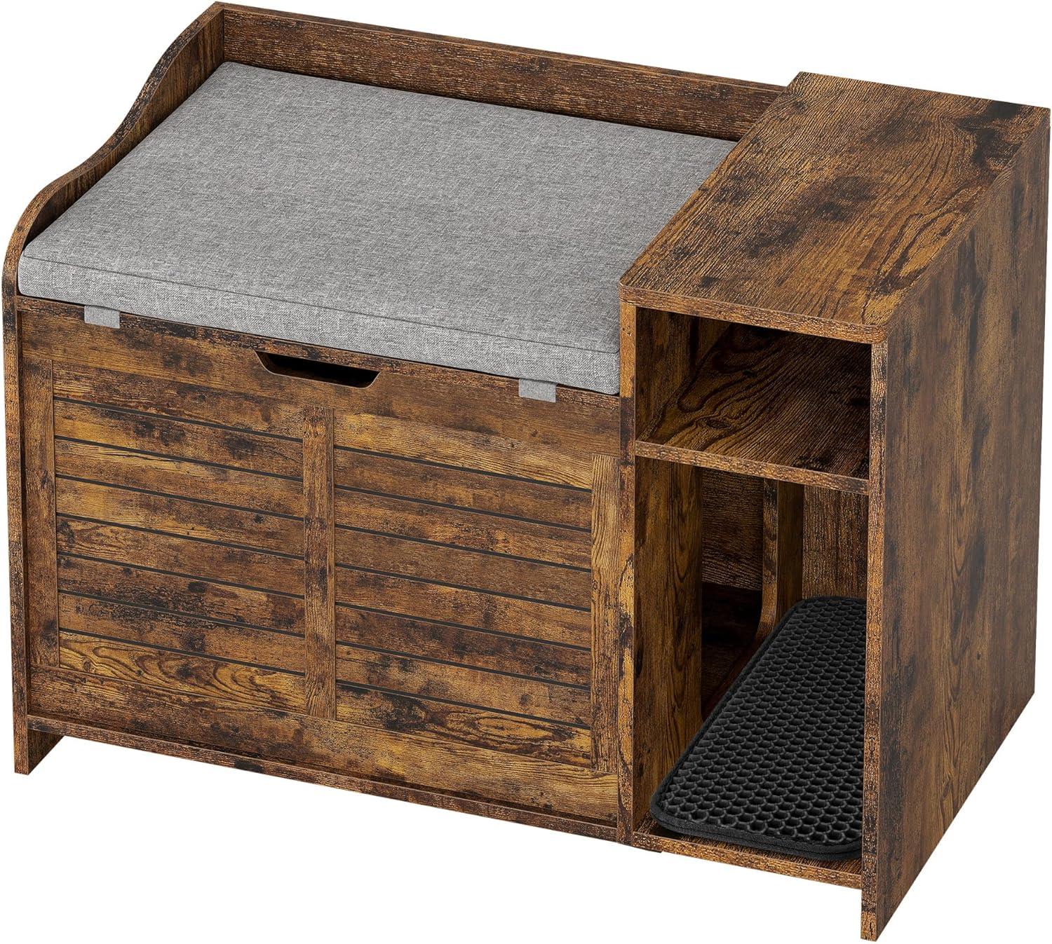 Rustic Brown Fir Wood Cat Litter Box Enclosure with Cushion