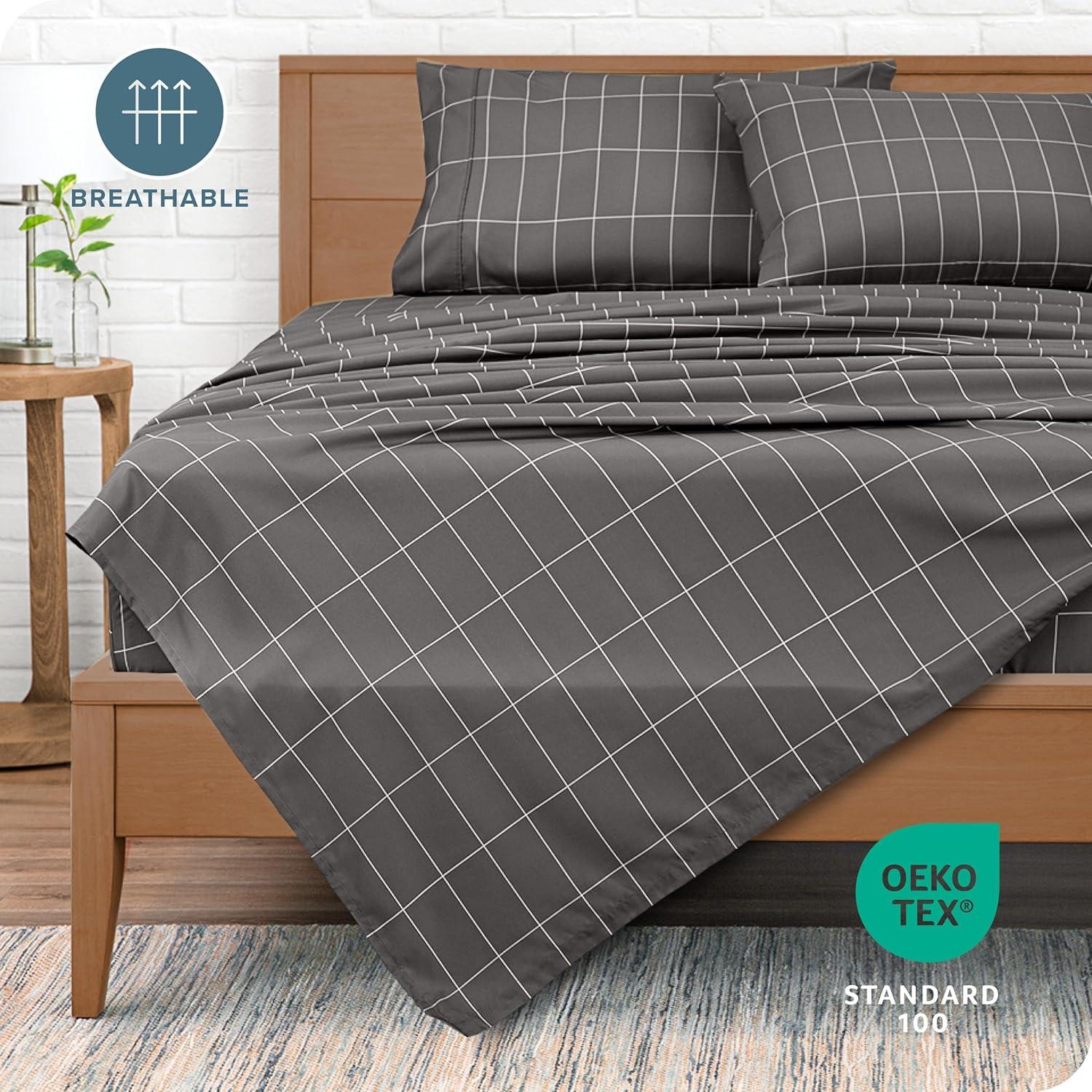 Twin Grid - Grey/White 3 Piece Printed Pattern Microfiber Sheet Set by Bare Home
