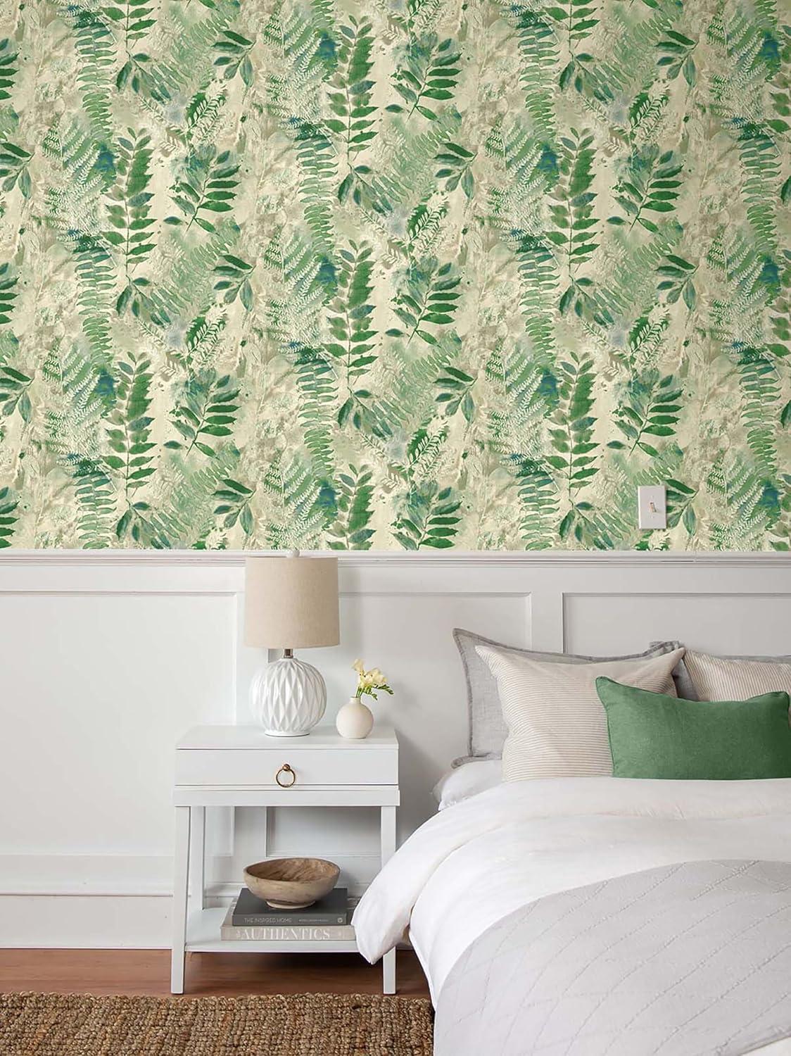 Surface Style - Peel and Stick Wallpaper, Botanical Wallpaper for Bedroom, Powder Room, Kitchen, Self Adhesive, Vinyl, 30.75 Sq Ft Coverage (Fern Memory Collection, Clover)