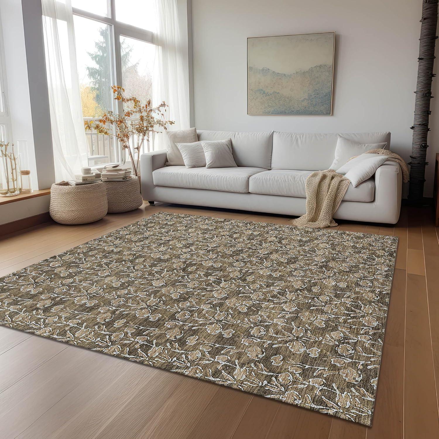 Brown Floral Synthetic 5' x 7' Washable Area Rug