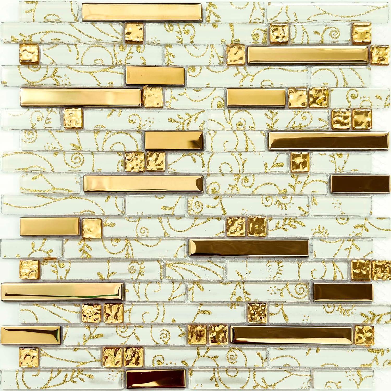 Metallic Glass Tile Luxury Gold Linear Interlocking Elegant Floral Pattern Accents Mosaic for Kitchen Backsplash Bathroom Wall and Fireplace Decor (3x12 Sample)