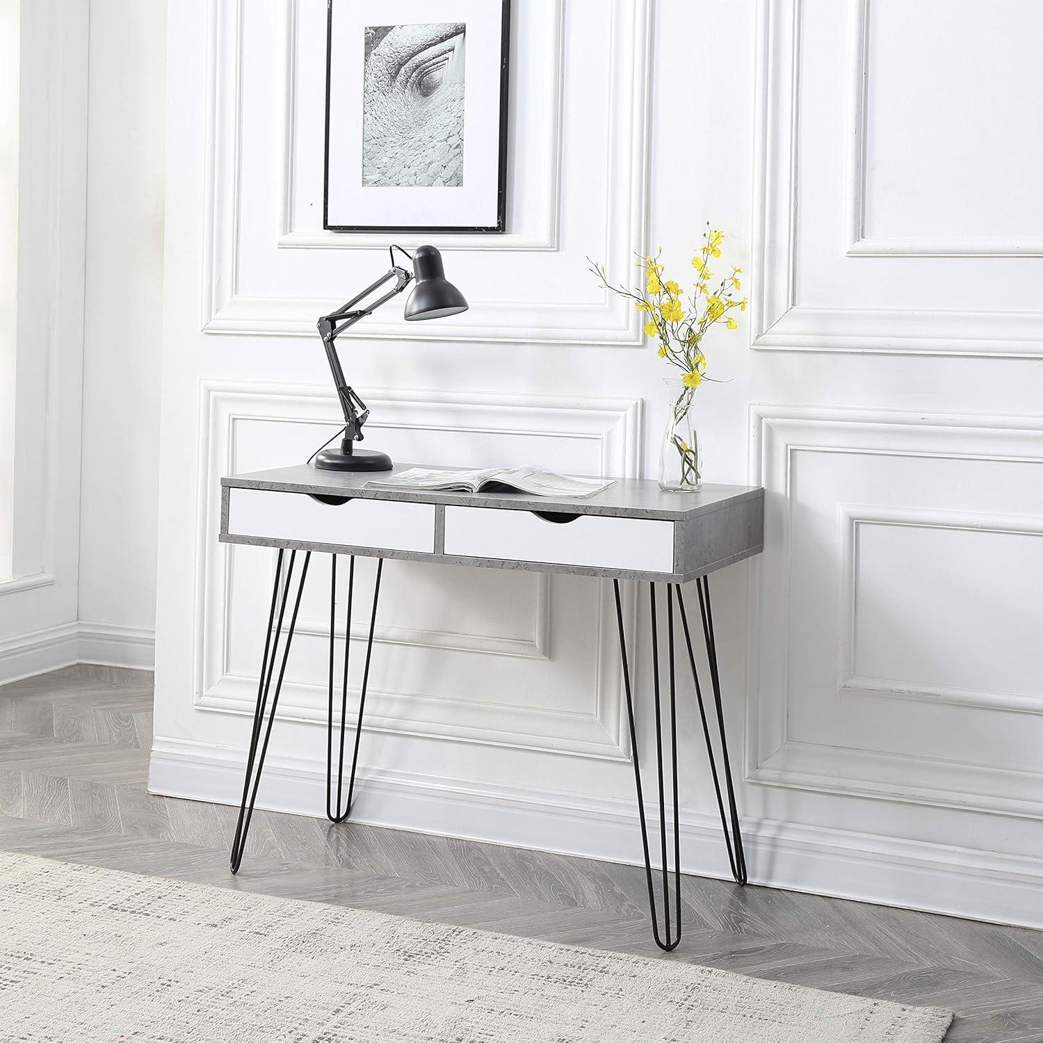 Retro Black Wood Pedestal Desk with Drawers