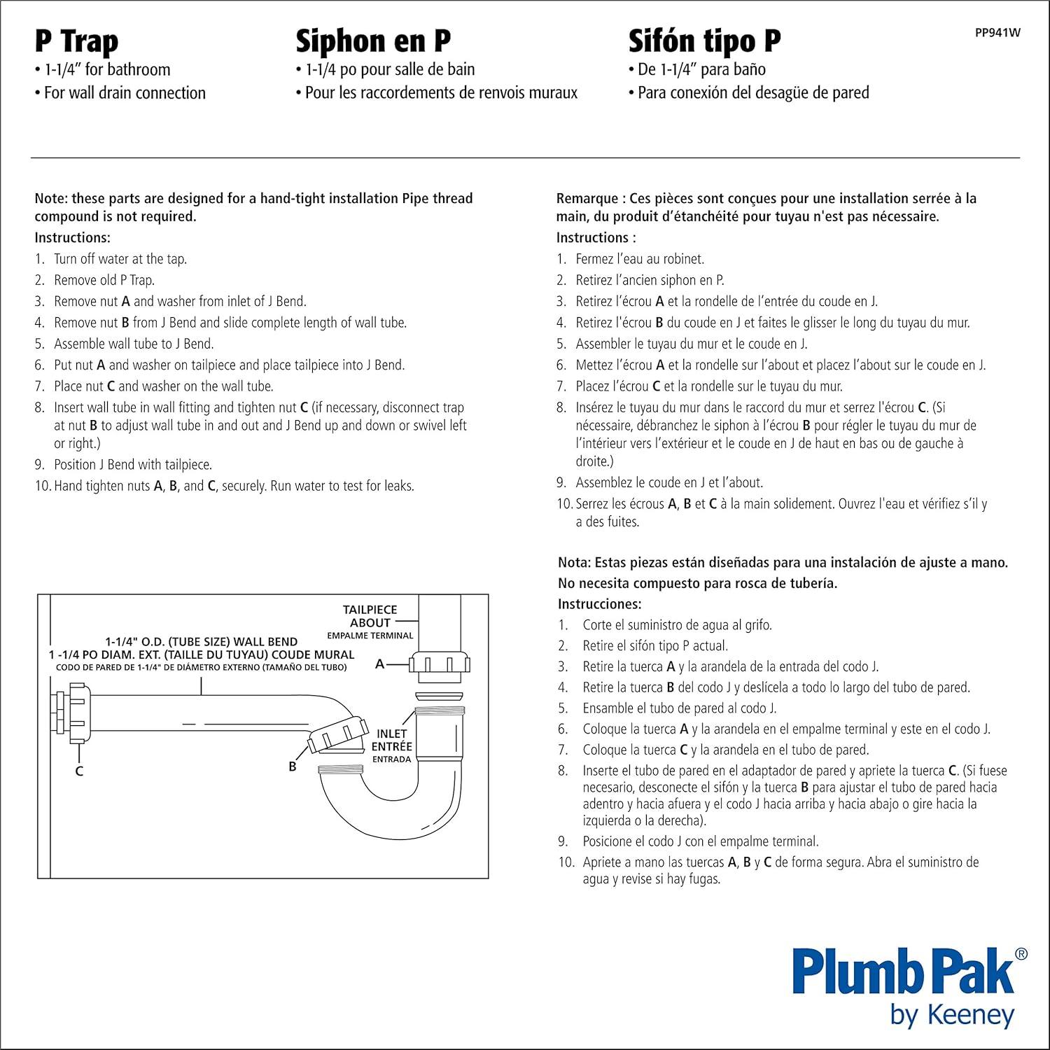 Plumb Pak PP941W P-Trap, 1-1/4 in, Slip, Plastic, White
