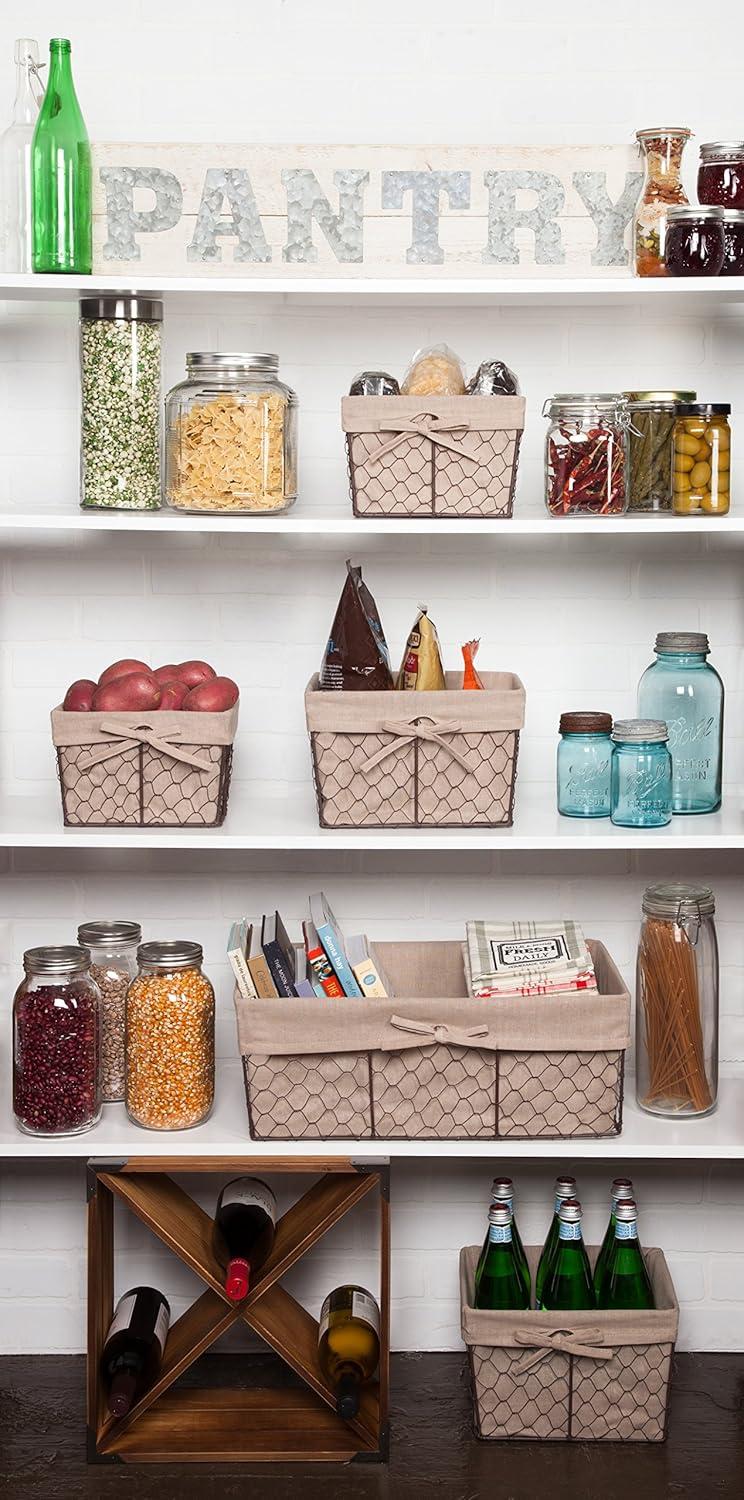 Rustic Country Rectangular Wire Basket Set with Beige Liners, Set of 3