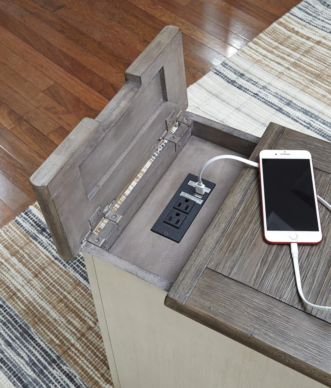 Signature Design by Ashley Bolanburg Chair Side End Table Brown/White: Vintage Style, USB Ports, Storage Cabinet