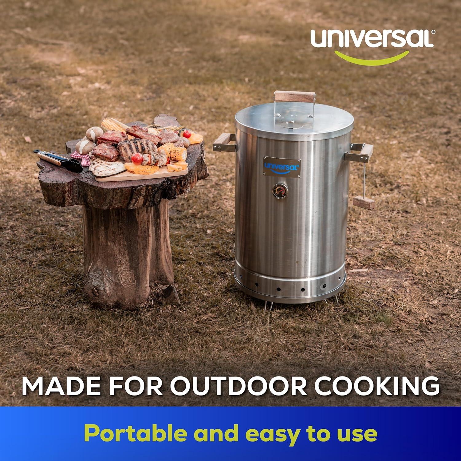 Universal Universal 20-Pound Stainless Steel (25-Servings) Charcoal Barrel Smoker With Thermometer & Airlock System - 20.5 X 29.6 X 15.5 Inch, 2 In 1 Vertical Grill And Smoker, Slow Cooking Barrel