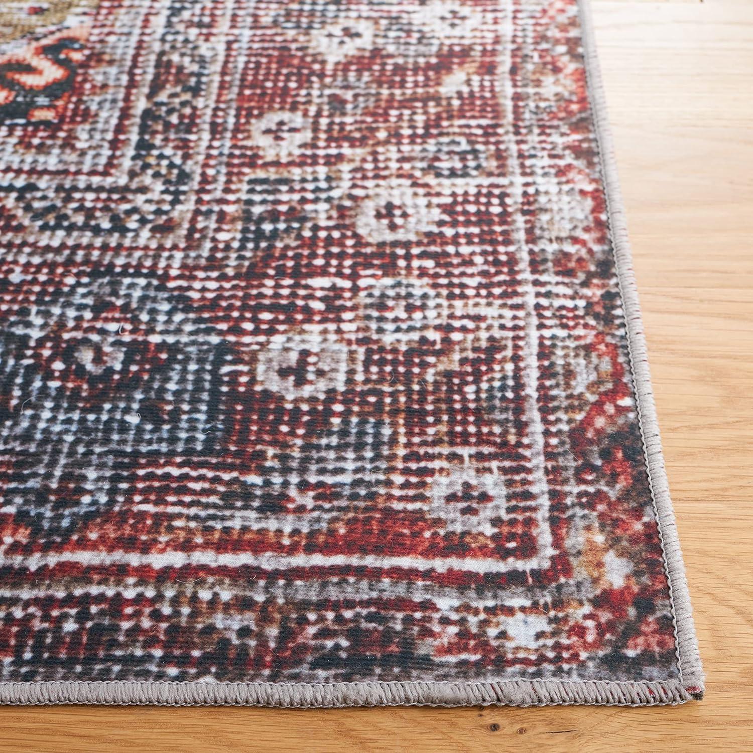 Navy and Rust Square Machine Washable Oriental Rug, 4' x 4'