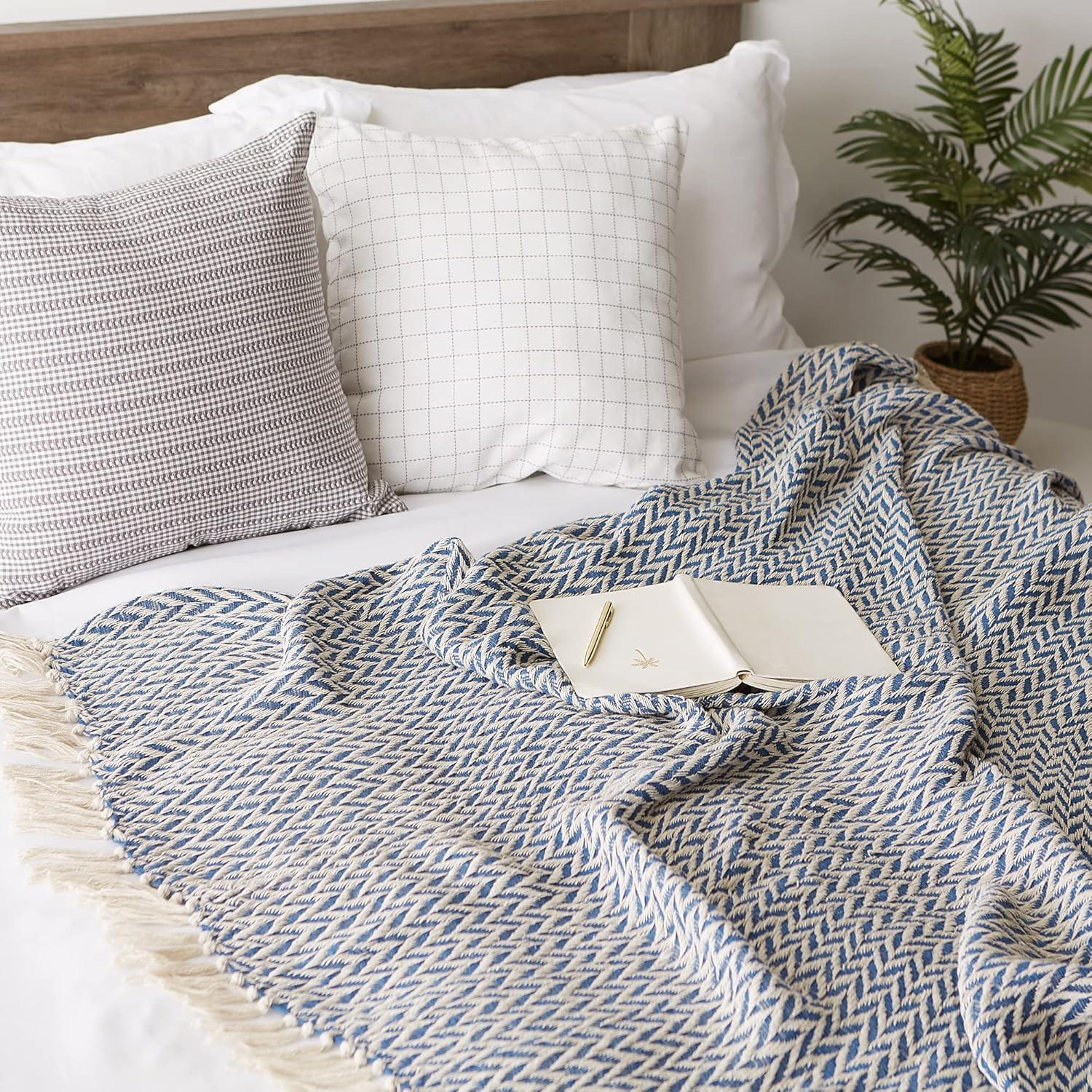50"x60" Zig-Zag Throw Blanket French Blue - Design Imports: Woven Cotton, Hand-Knotted Fringe