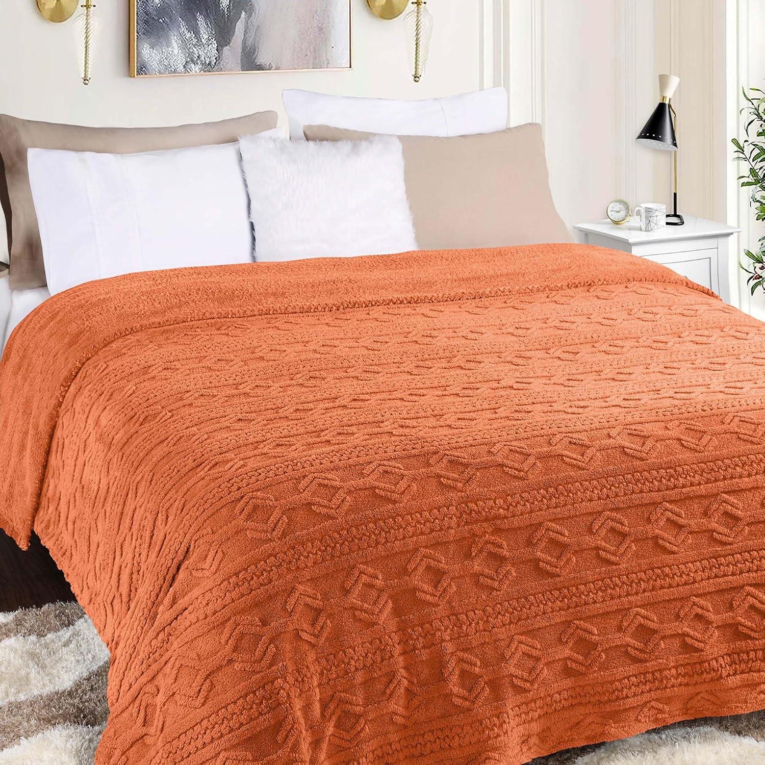 Superior Arctic Fleece Boho Knit Jacquard Blanket, Throw XL, Dusty Orange