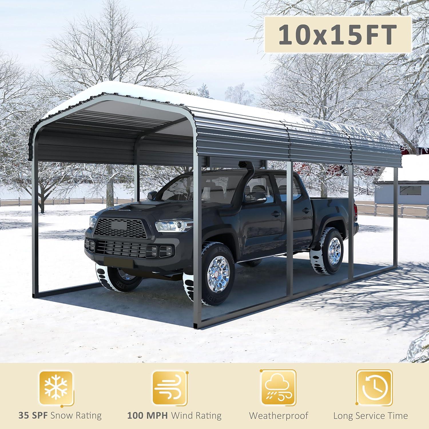 10x15 FT Gray Metal Carport with Peak Roof