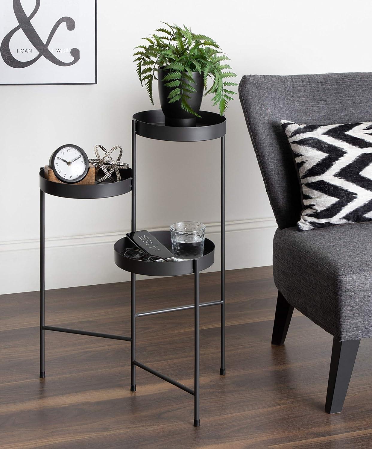 Charcoal Gray Metal Tri-Level Plant Stand with Round Trays