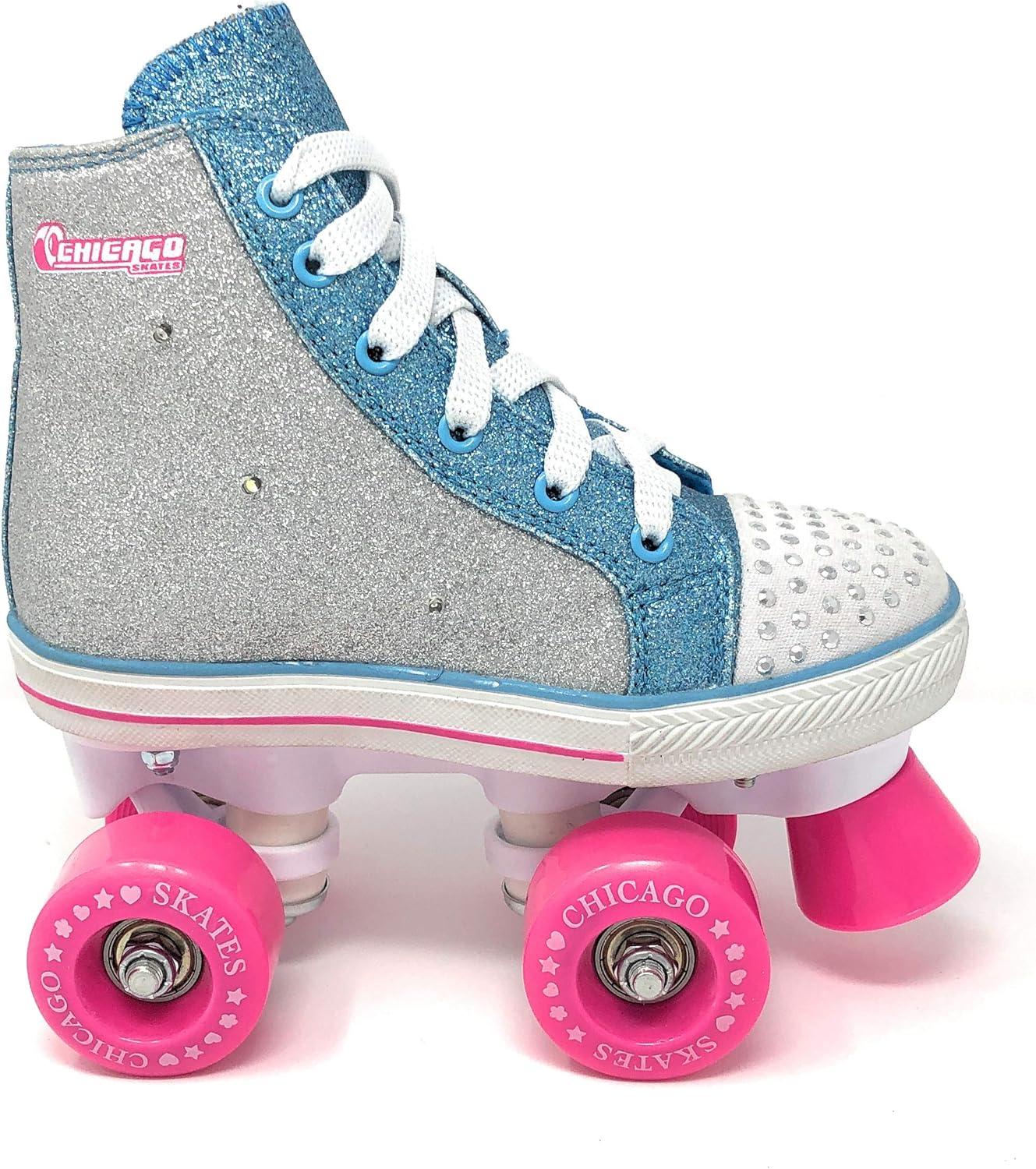 Chicago Girls Fashion Quad Skates – Glitter High-Top, Flashing Lights, 54mm Urethane Wheels, Adjustable Trucks, Indoor & Outdoor Use
