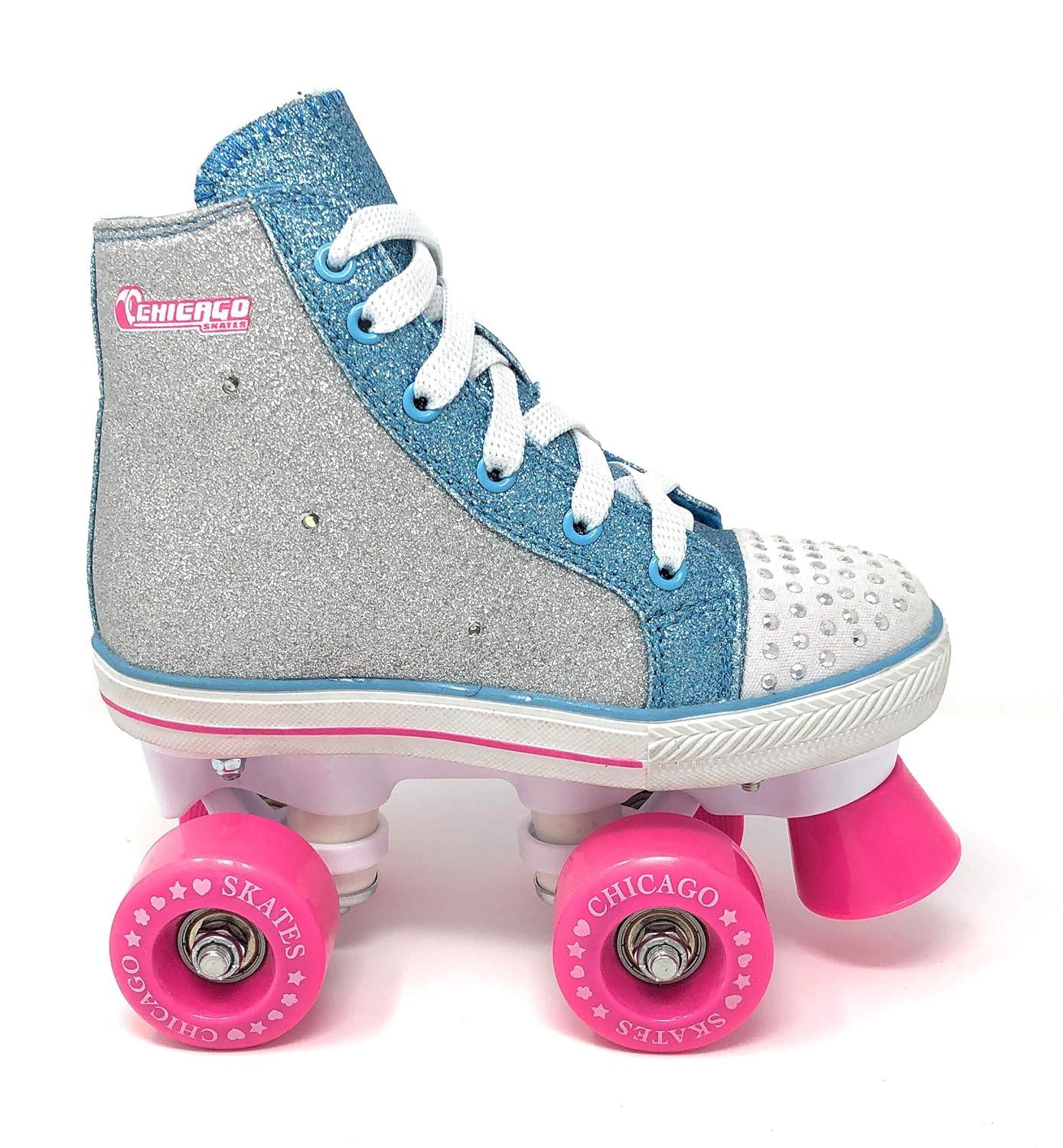 Chicago Girls Fashion Quad Skates – Glitter High-Top, Flashing Lights, 54mm Urethane Wheels, Adjustable Trucks, Indoor & Outdoor Use